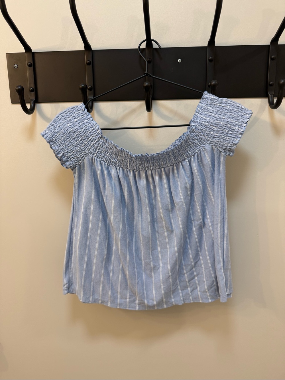American Eagle Outfitters Light Blue & White Stripe Off-Shoulder Crop Top